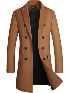 🆕 Men's Camel Premium Wool Blend Double Breasted Imported Long Pea Coat